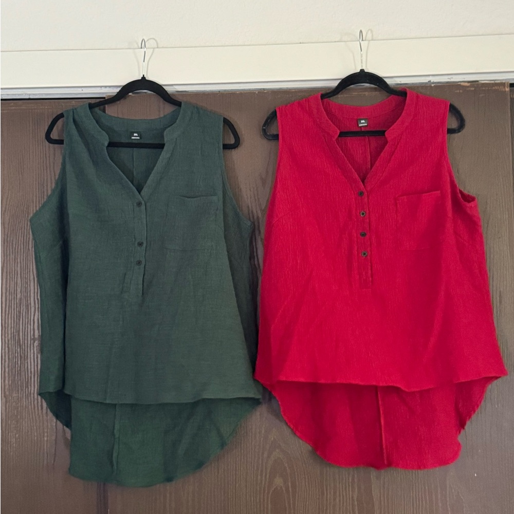 Sleeveless Textured V-Neck Tunic Top - Red -